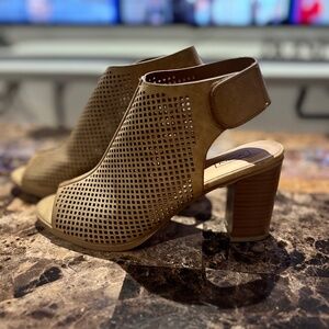 KS2 Heels Perforated Peep Toe Velcro Back Cutout Stacked Heel Bootie